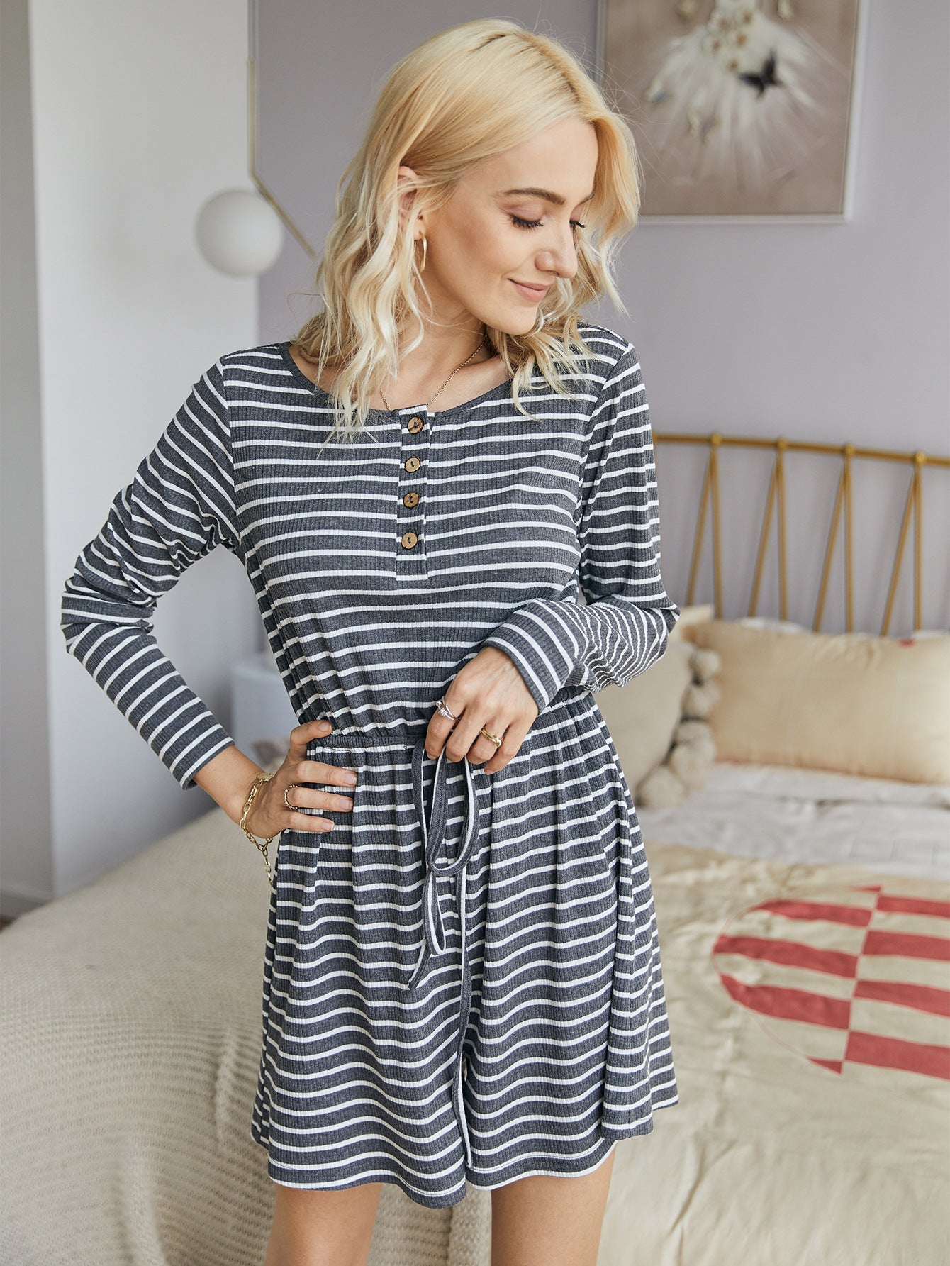 Striped Lace-up Single-breasted Jumpsuits Loungewear Rompers