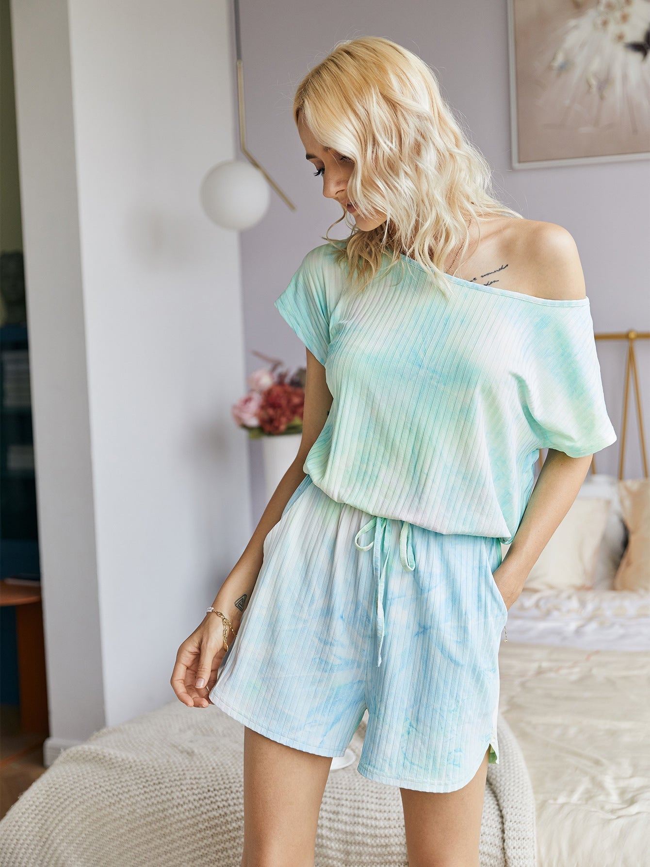 Tie Dye Lace-up Loungewear Jumpsuit Pit Striped Knit Rompers