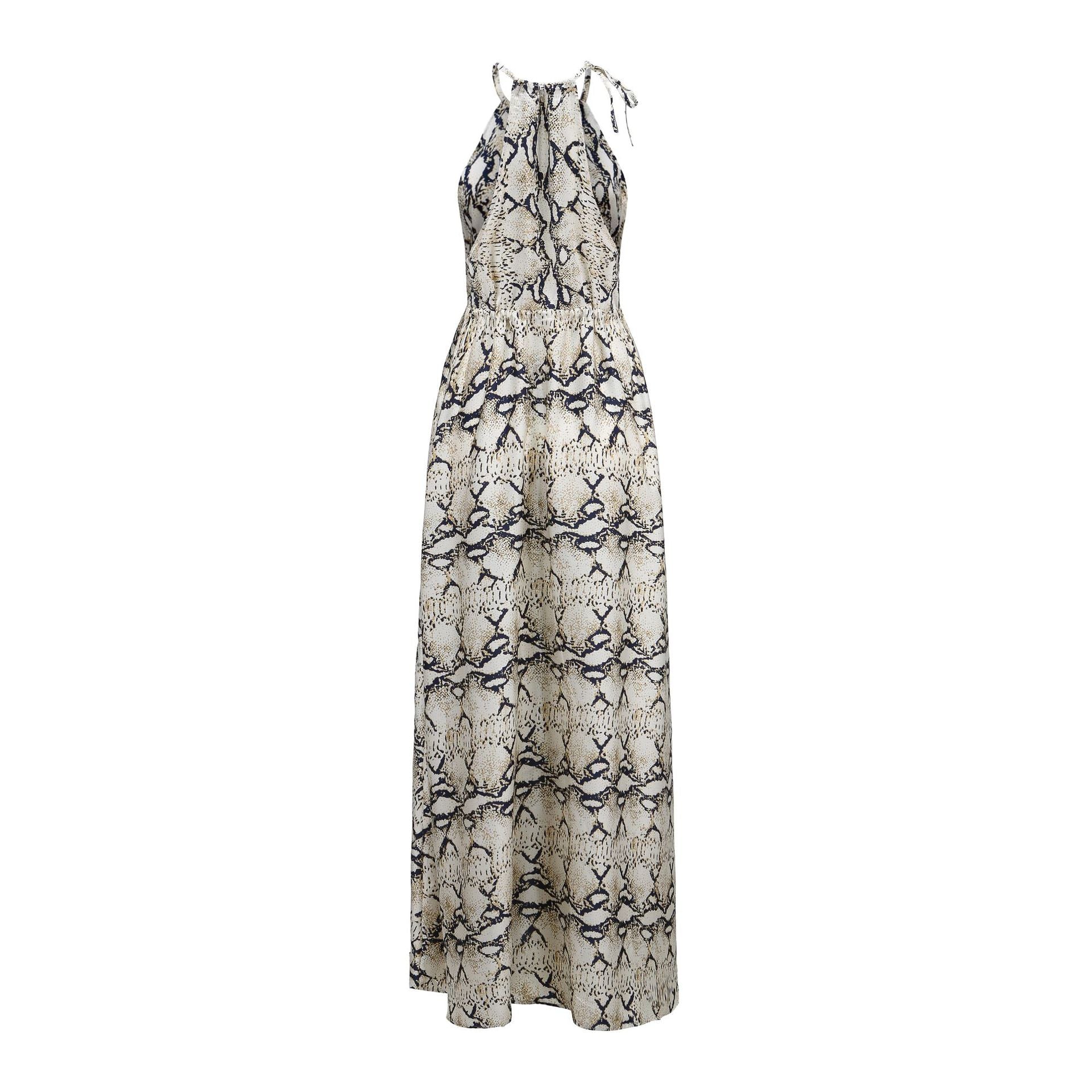 Snakeskin Grain Printed Halter Elastic Waist Split Maxi Dresses