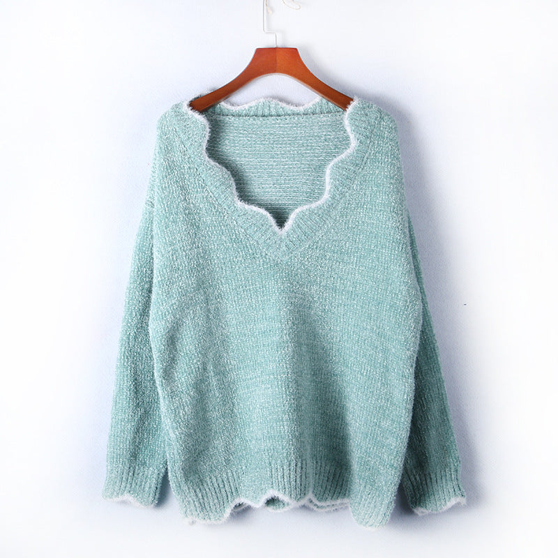 V-neck Ruffle Collar Knit Sweaters