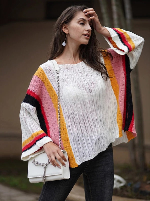 Women's Rainbow Knitting Hollow Loose Sweater Cover Ups