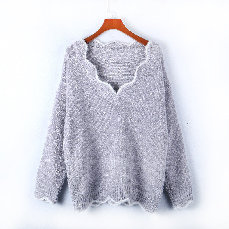 V-neck Ruffle Collar Knit Sweaters
