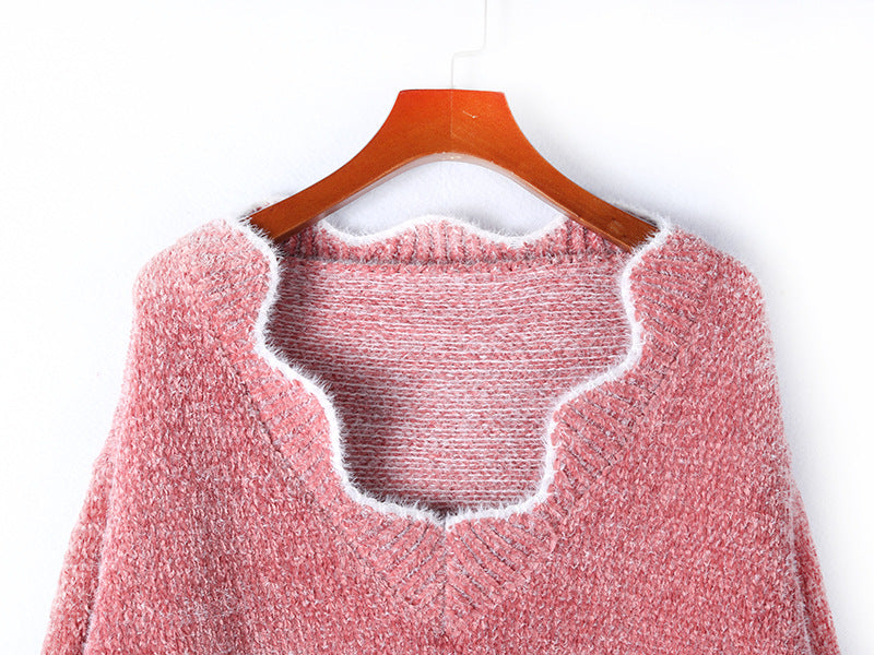 V-neck Ruffle Collar Knit Sweaters