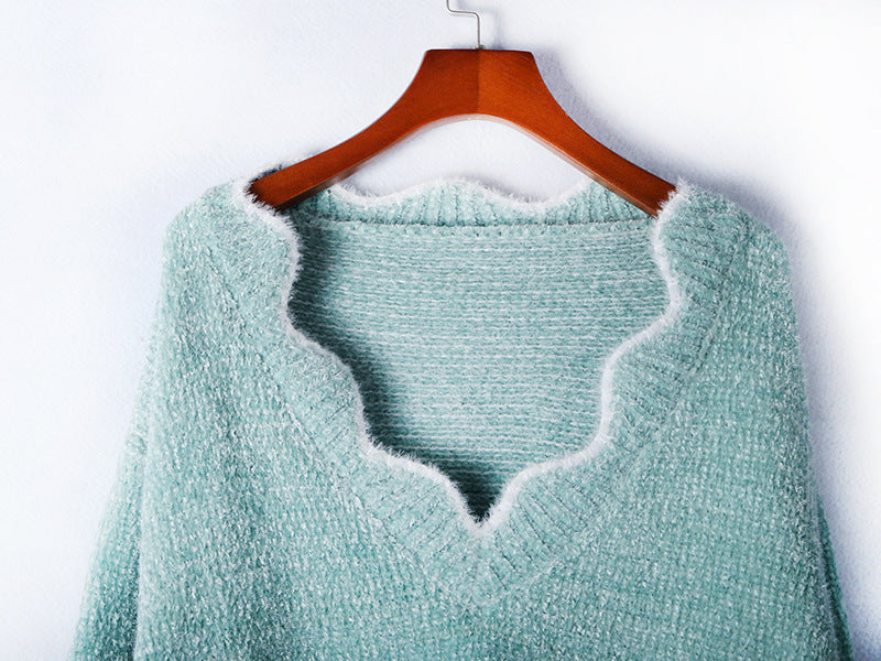 V-neck Ruffle Collar Knit Sweaters