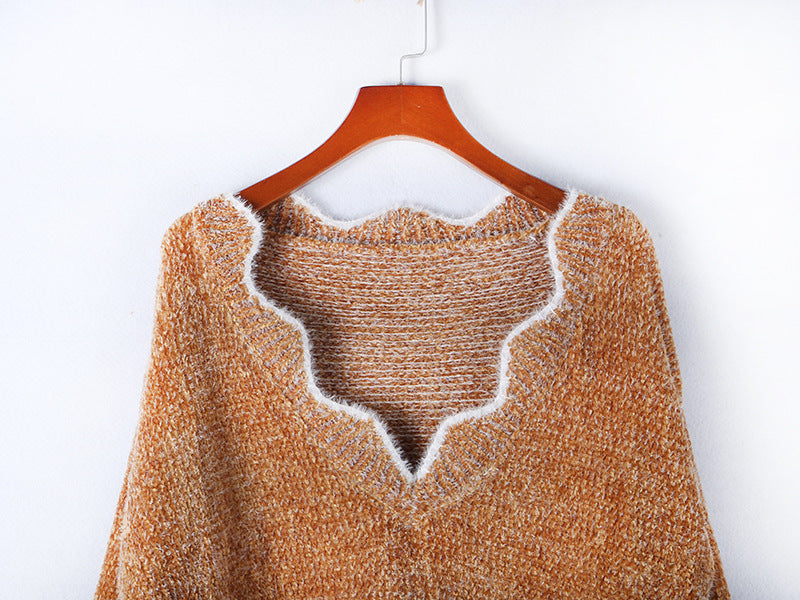 V-neck Ruffle Collar Knit Sweaters