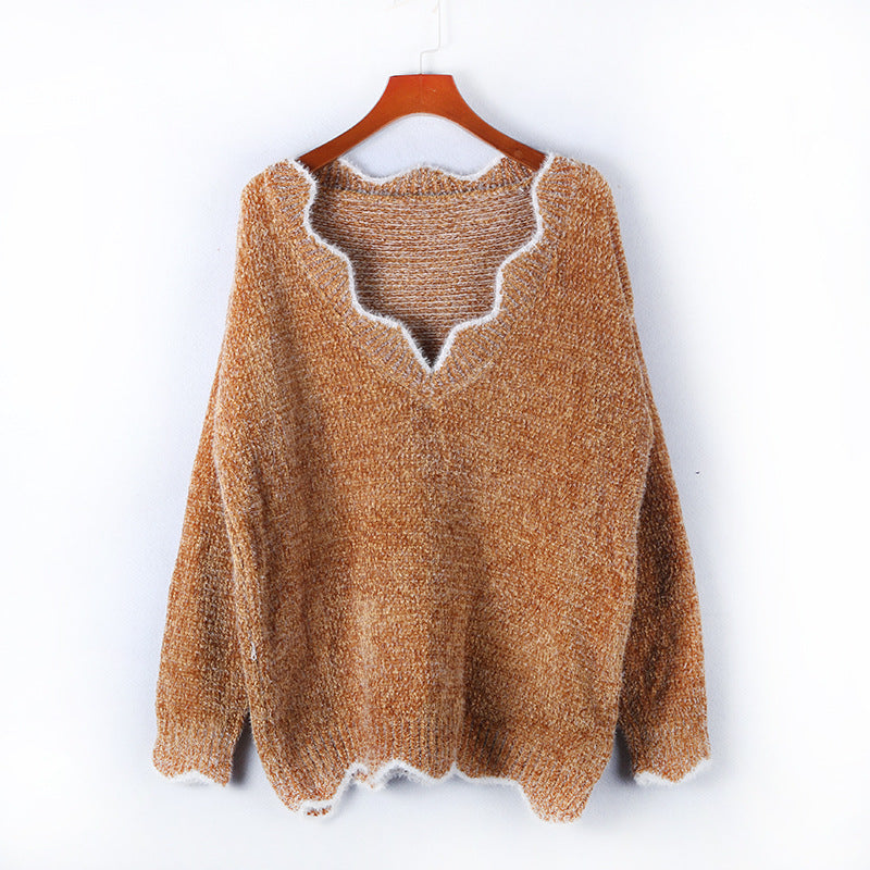 V-neck Ruffle Collar Knit Sweaters