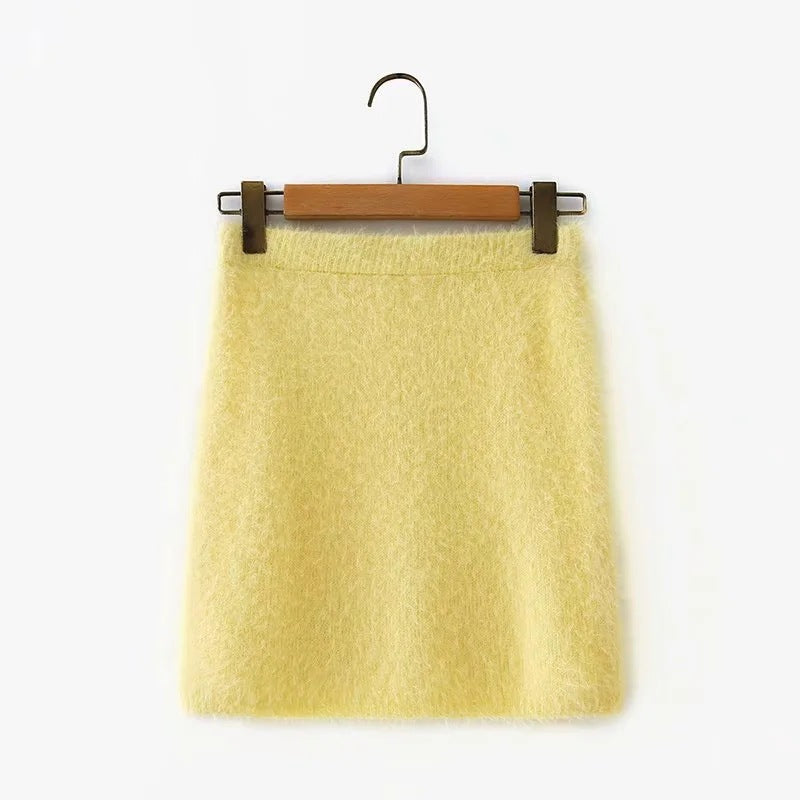 Yellow Crop Tops Knitting Mini Dresses Skirt Two-piece Set
