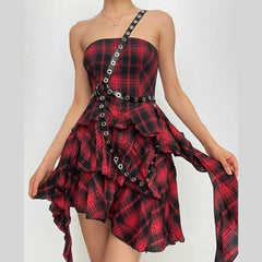 Ruffle plaid zip-up irregular one shoulder backless mini dress