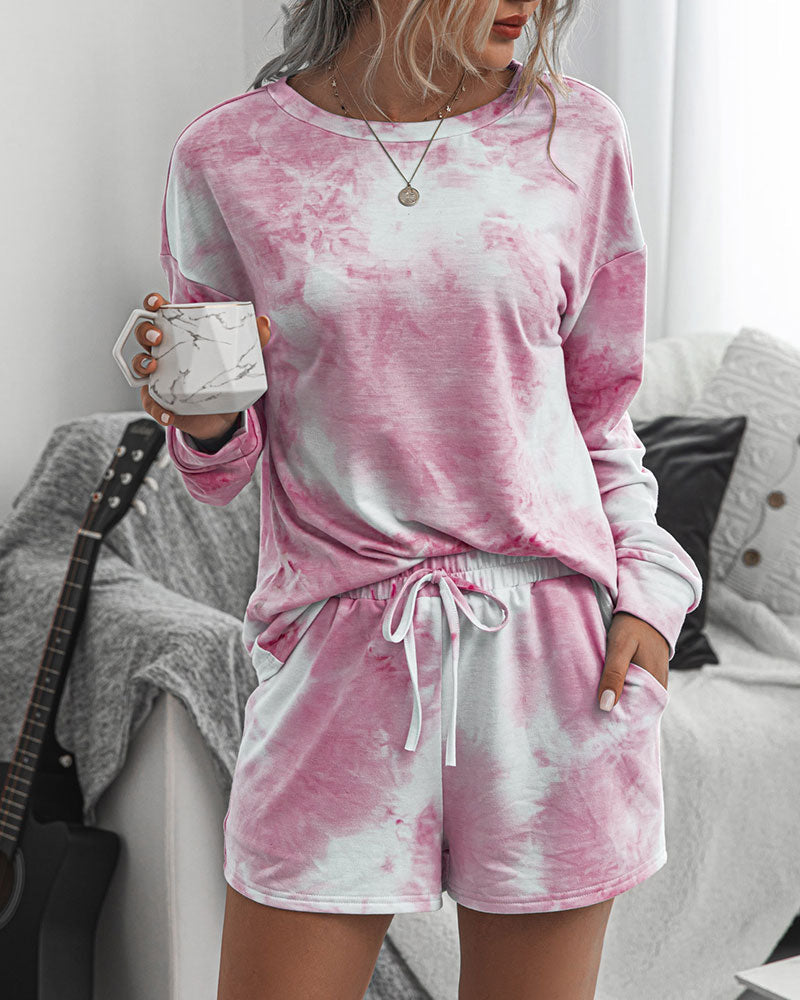 Tie-Dye Two-piece Cotton T-Shirt Lace-up Shorts Loungewear