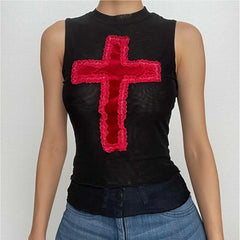 Cross ruffle mesh sleeveless contrast patchwork top