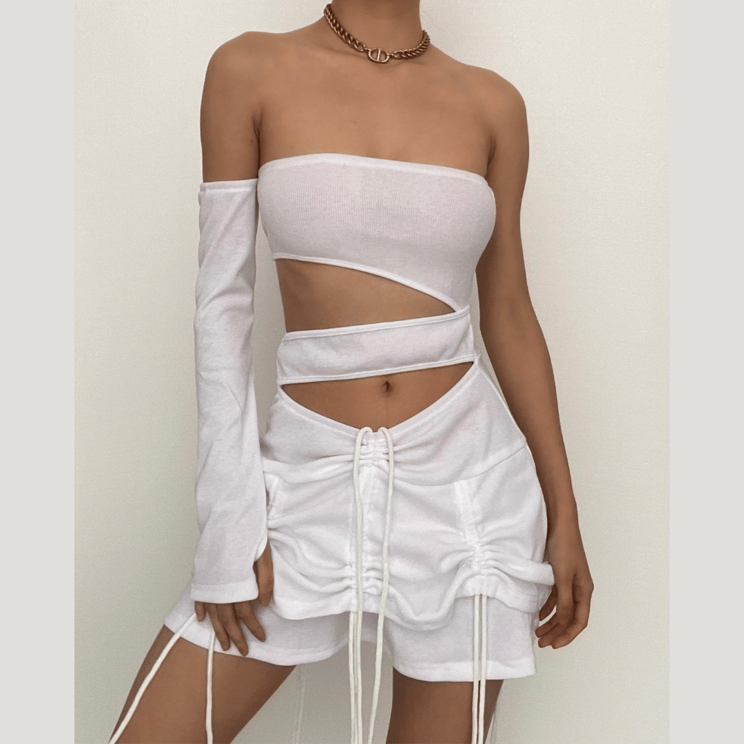 Solid irregular gloves off shoulder drawstring hollow out mini dress