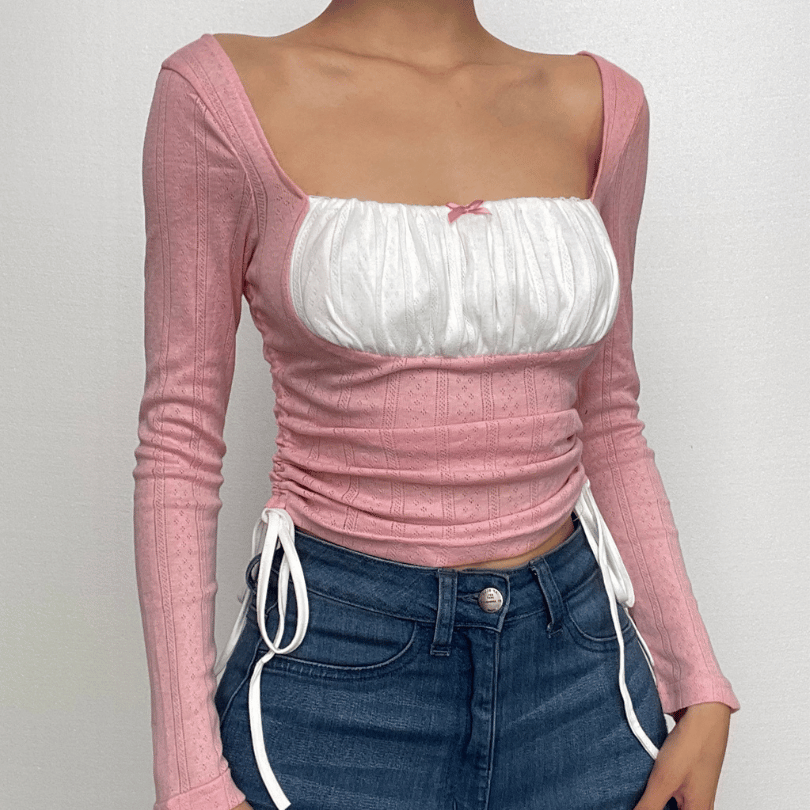 Drawstring textured patchwork contrast long sleeve crop top