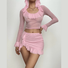 Ruffle hoodie long sleeve square neck mini skirt set