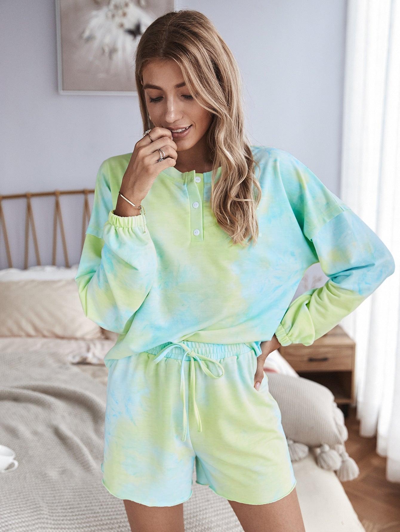 Tie Dye Single-breasted Loungewear Long Sleeves Tops Shorts Two-piece