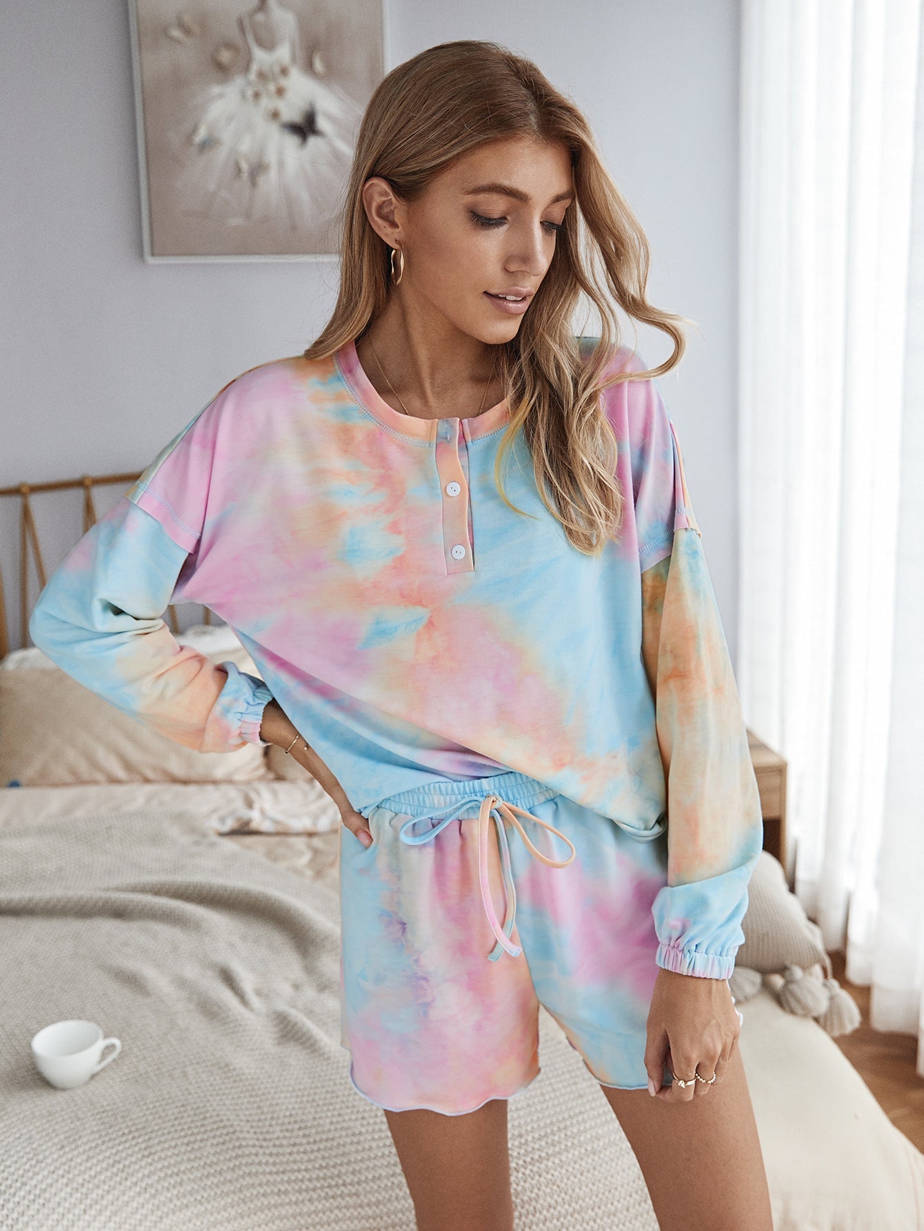 Tie Dye Single-breasted Loungewear Long Sleeves Tops Shorts Two-piece