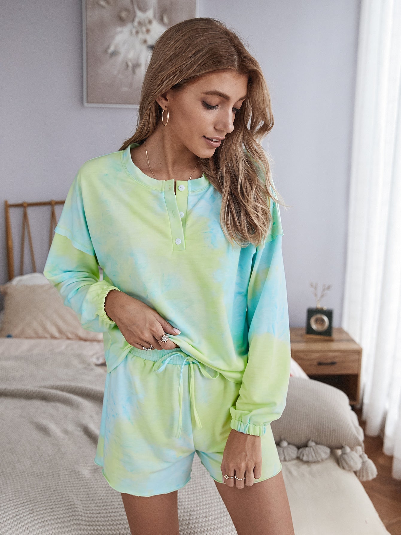 Tie Dye Single-breasted Loungewear Long Sleeves Tops Shorts Two-piece