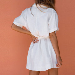 V-neck White Linen Cardigans Coats Mini Dress