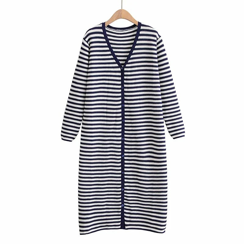 Striped Single-breasted Long Knit Cardigan Jacket