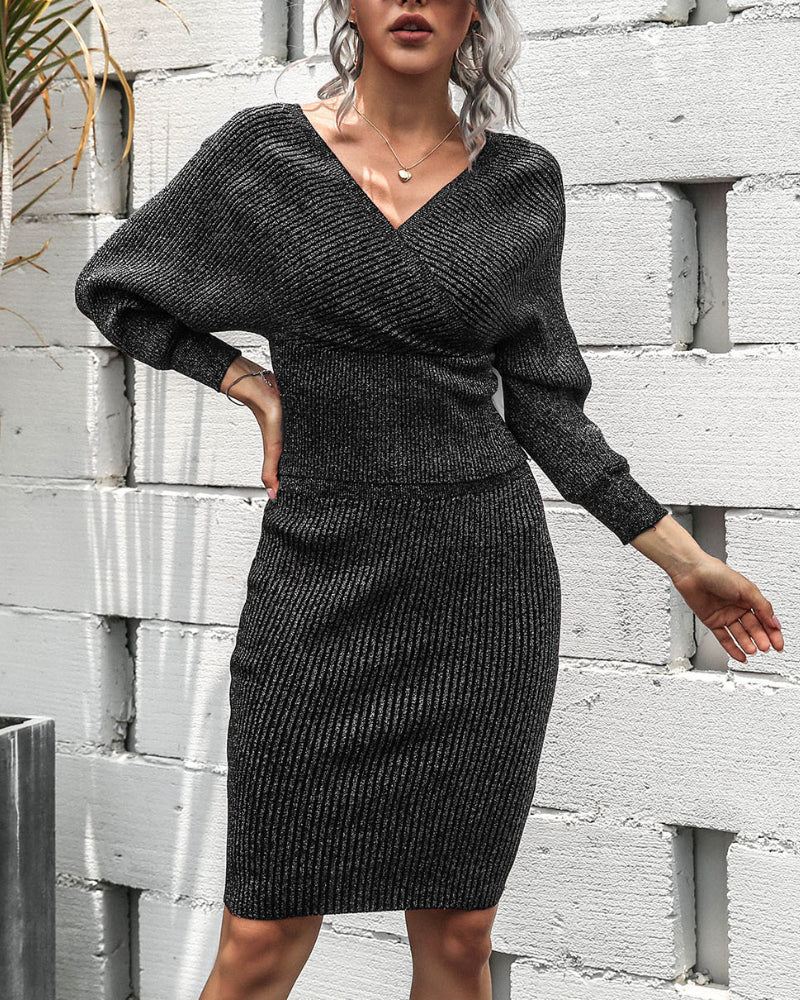 V-neck Knit Backless Bodycon Midi Dresses Two-piece Set