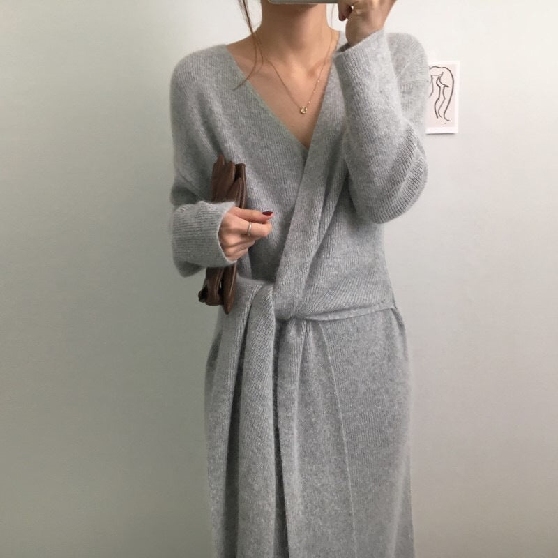 V-neck Cross Straps Long Knit Cardigan Midi Dresses