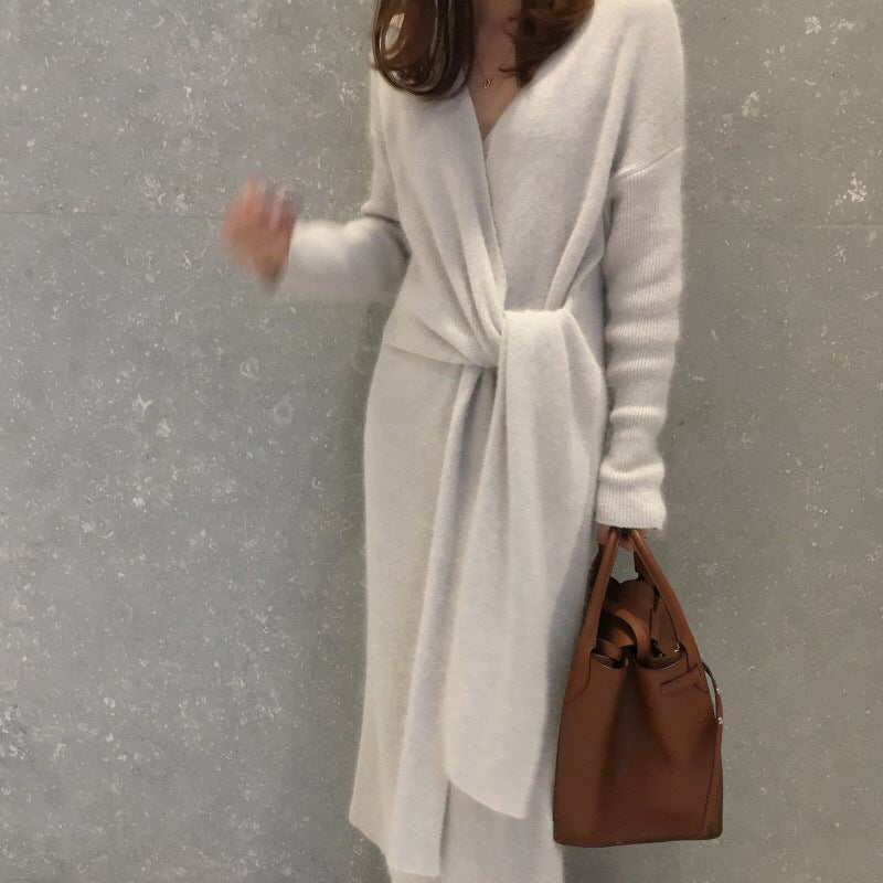 V-neck Cross Straps Long Knit Cardigan Midi Dresses