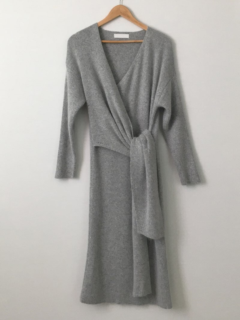 V-neck Cross Straps Long Knit Cardigan Midi Dresses