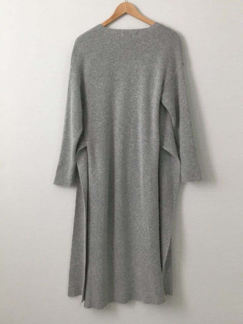 V-neck Cross Straps Long Knit Cardigan Midi Dresses - Gray