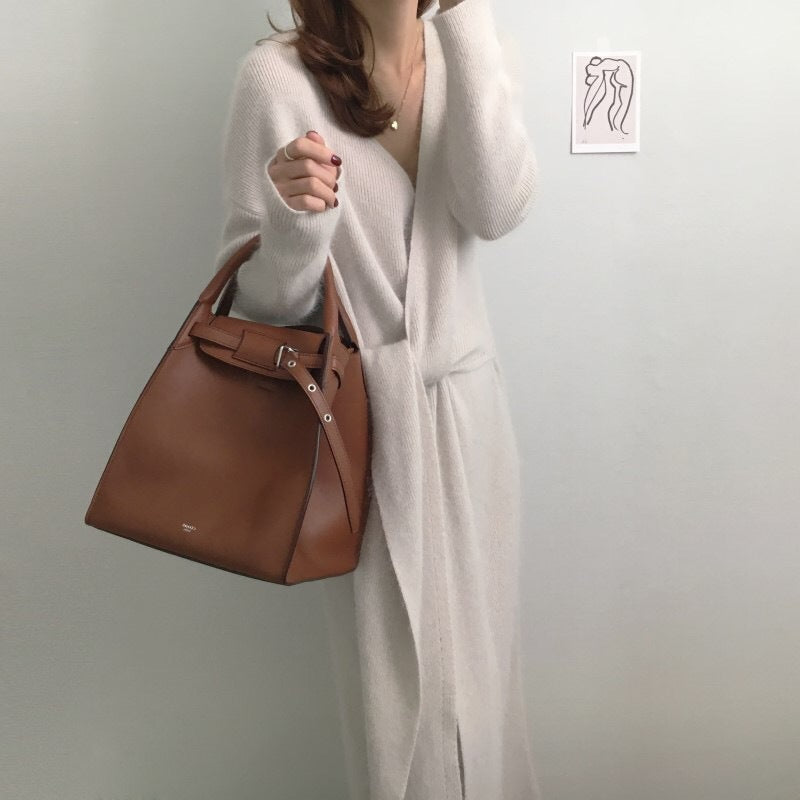 V-neck Cross Straps Long Knit Cardigan Midi Dresses White