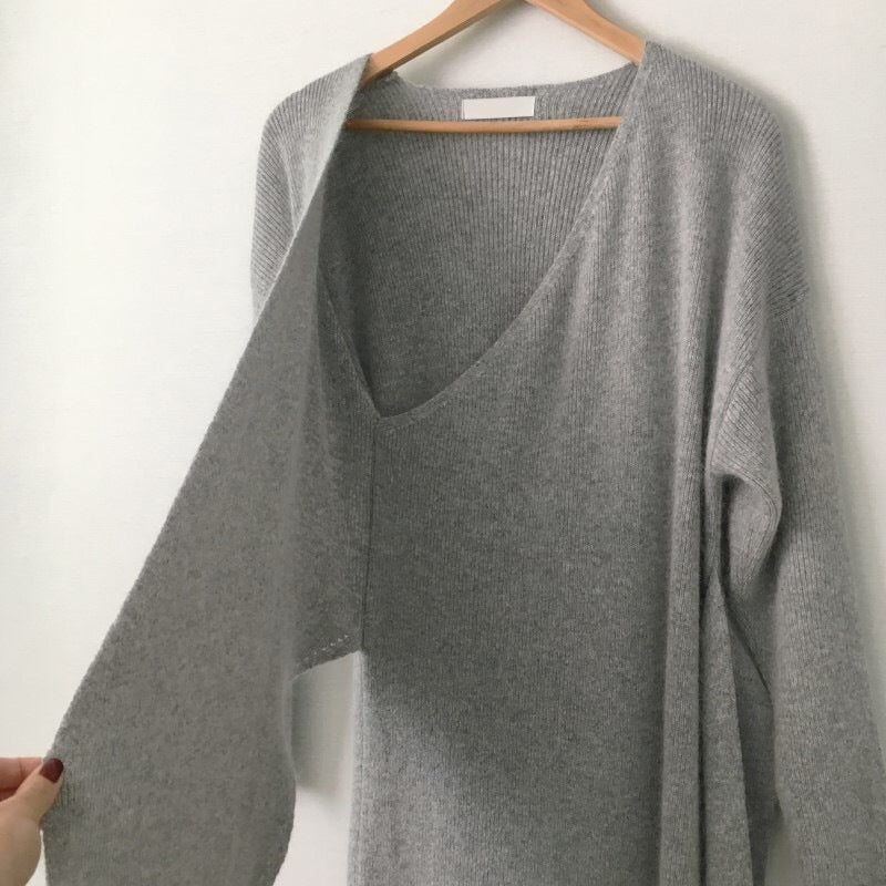 V-neck Cross Straps Long Knit Cardigan Midi Dresses - Gray