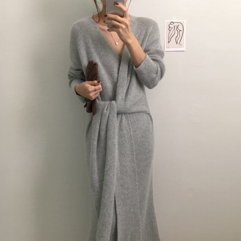 V-neck Cross Straps Long Knit Cardigan Midi Dresses - Gray