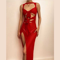 Sheer mesh see through knotted hollow out slit maxi dress