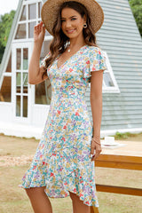 Fashion V Neck Floral Print Ruffle Hem Mini Dress