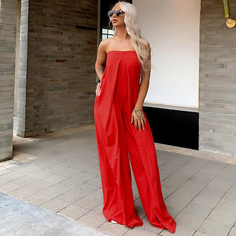 Tube Top Wide Leg Party Pocket Backless Zipper Jumpsuit Red