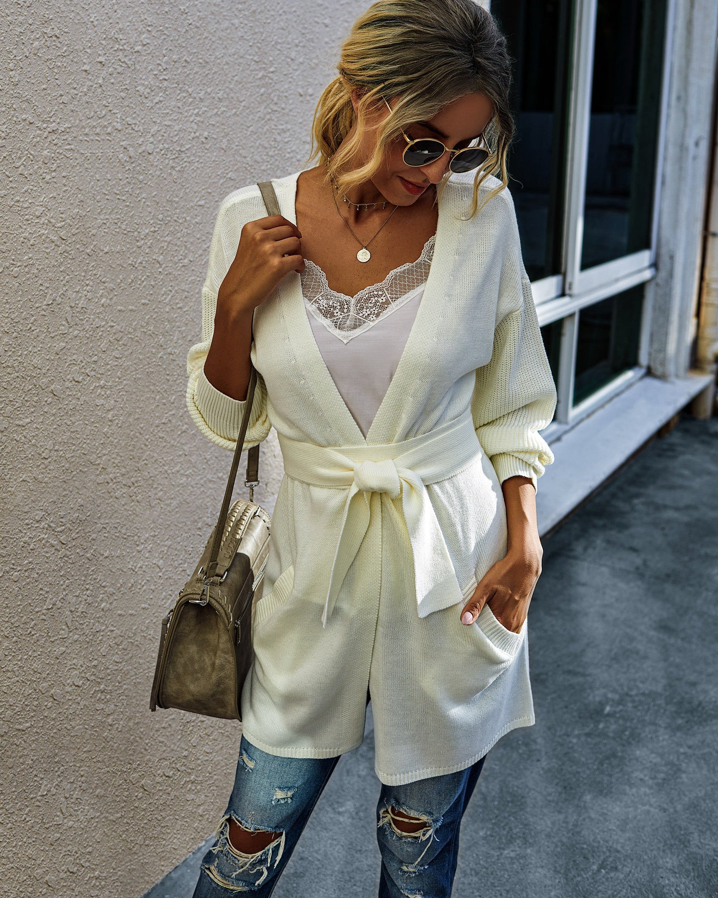 V-neck Bow Tie Knit Cardigans
