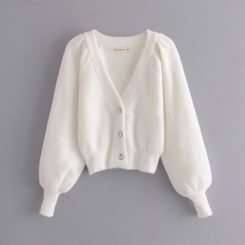 White Mohair V-neck Single-breasted Knitting Coat Jacket Halter Short Vest Shorts Hot Pants Three-piece Set