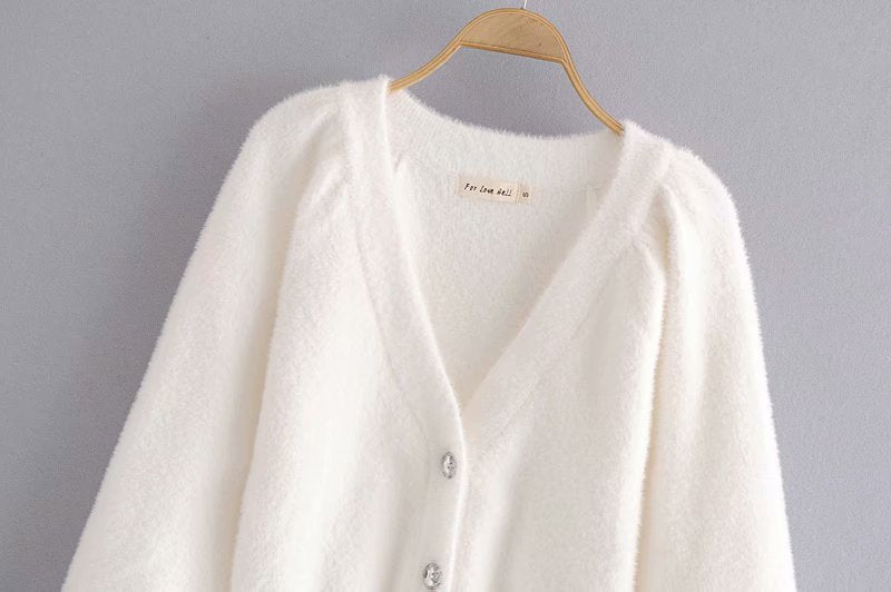 White Mohair V-neck Single-breasted Knitting Coat Jacket Halter Short Vest Shorts Hot Pants Three-piece Set