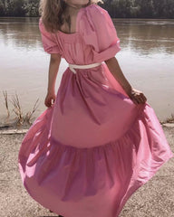 Square Collar Off Shoulder Puff Bubble Sleeve Party Maxi Dresses