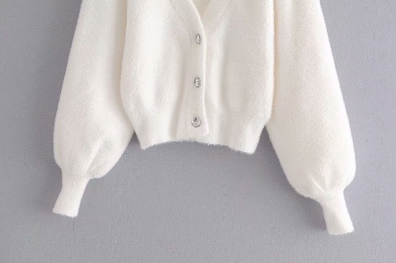 White Mohair V-neck Single-breasted Knitting Coat Jacket Halter Short Vest Shorts Hot Pants Three-piece Set