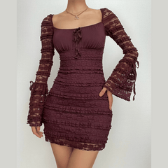 Textured solid long flared sleeve patchwork self tie mini dress