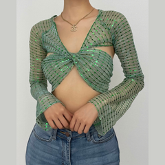 Sheer mesh see through knotted self tie long sleeve glitter crop top