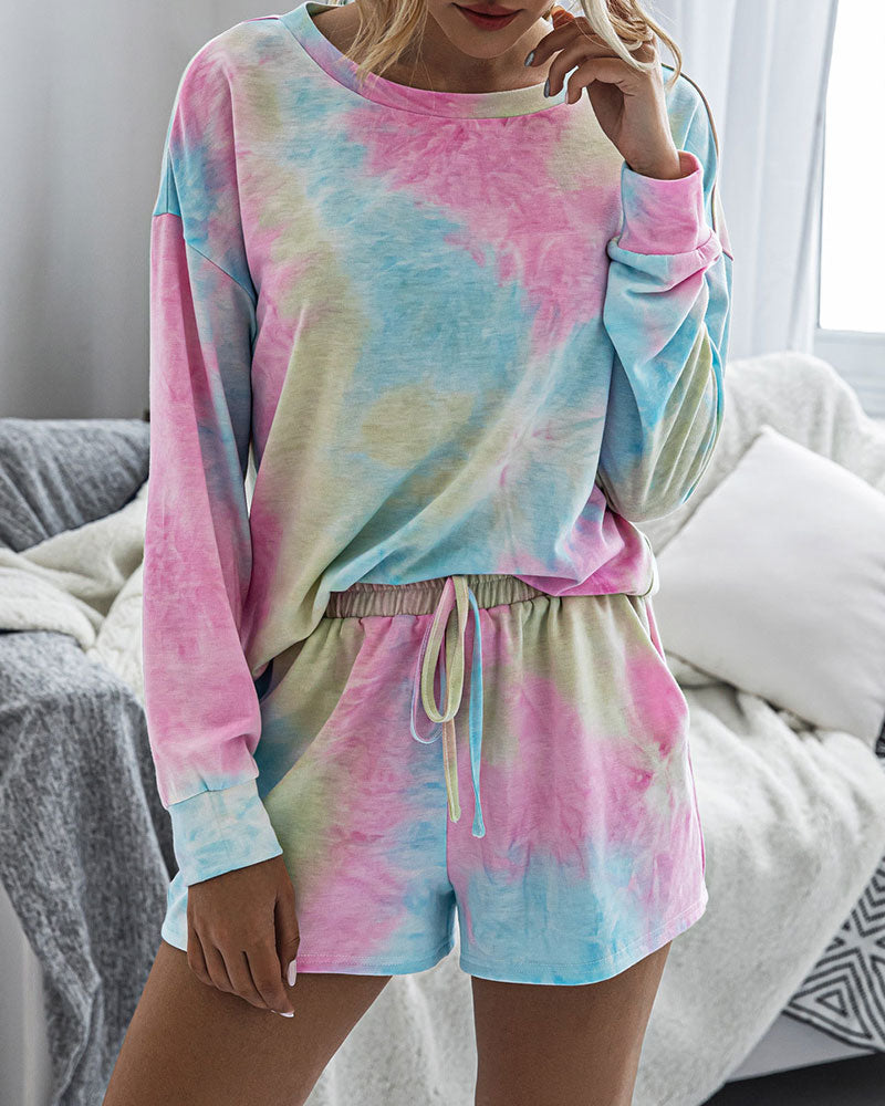 Tie-Dye Two-piece Cotton T-Shirt Lace-up Shorts Loungewear