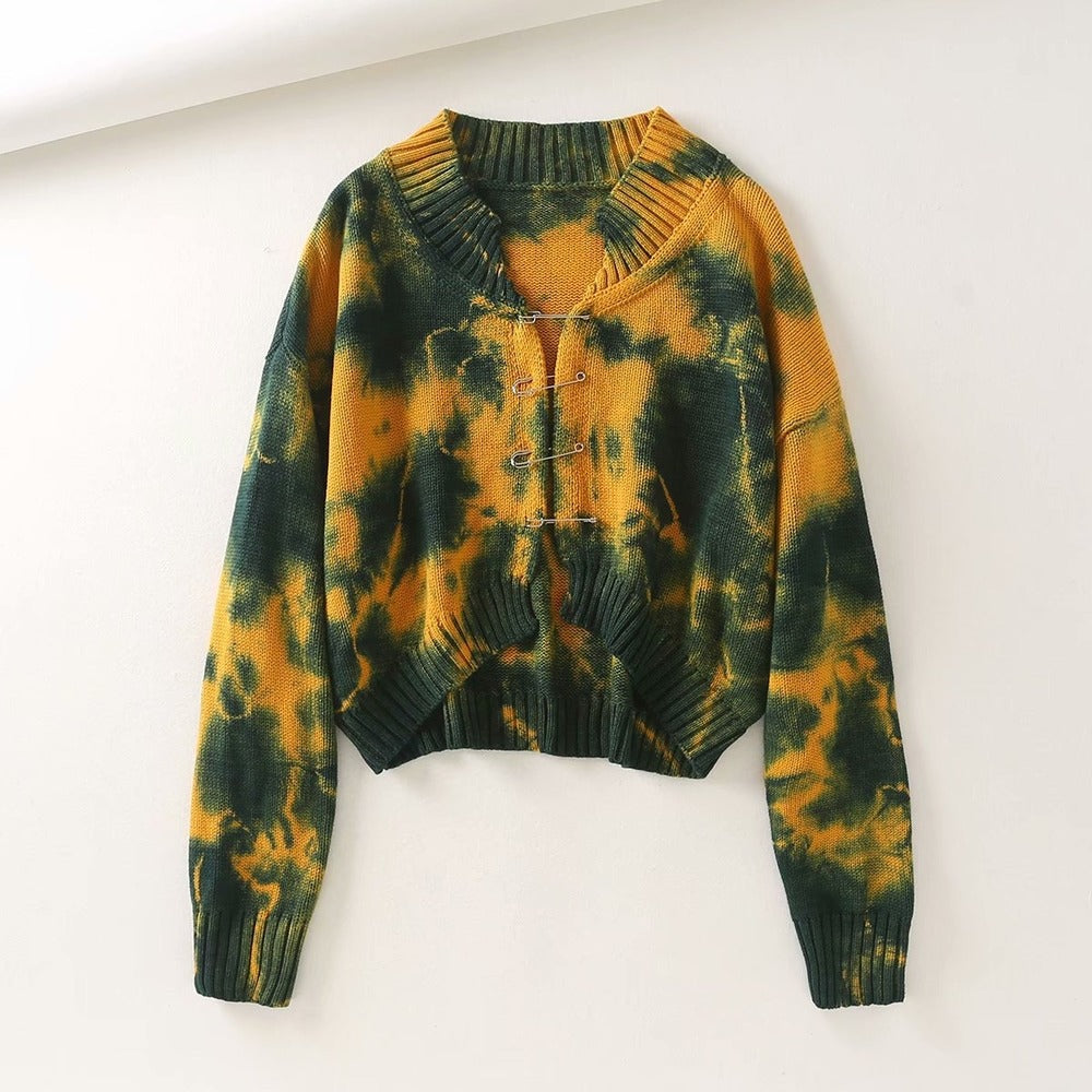 Tie-dye Brooch Button Knitting Sweater Cardigan
