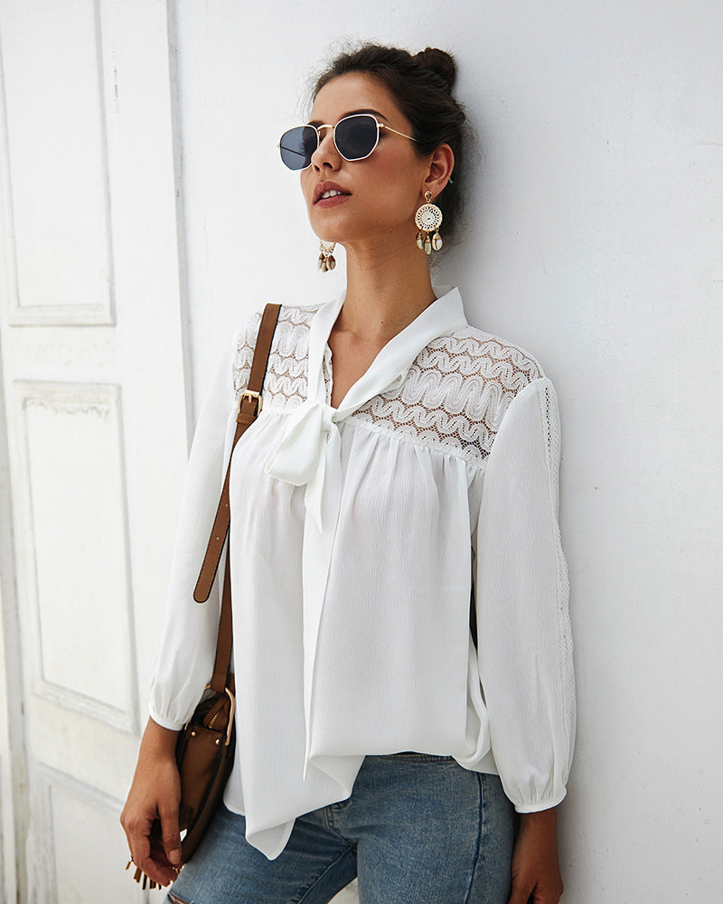 Women White V Neck Hollow Long Sleeve Shirt