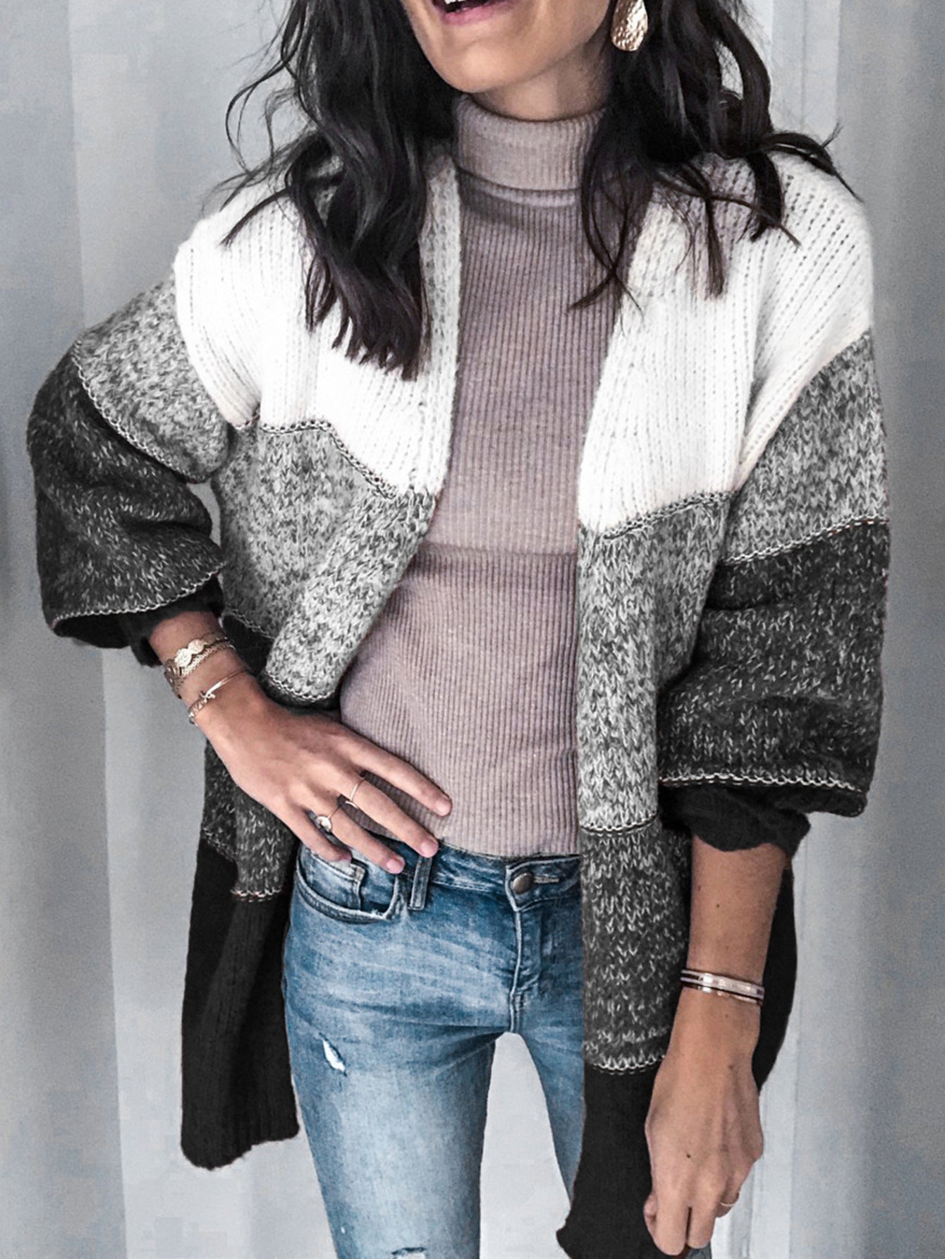 V-neck Contrast Knit Sweater Cardigans