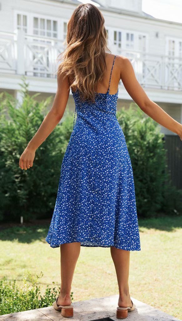 Suspenders Backless Slit Leg Floral Midi Dresses