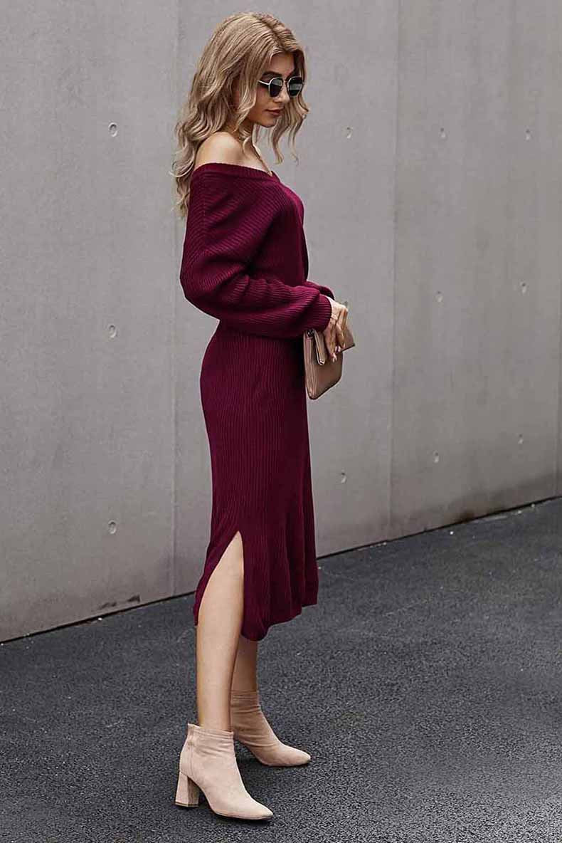 Sweater One Shoulder Backless Split Bodycon Midi Dresses