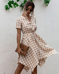 V-neck Plaid Irregular Hem Mini Dresses