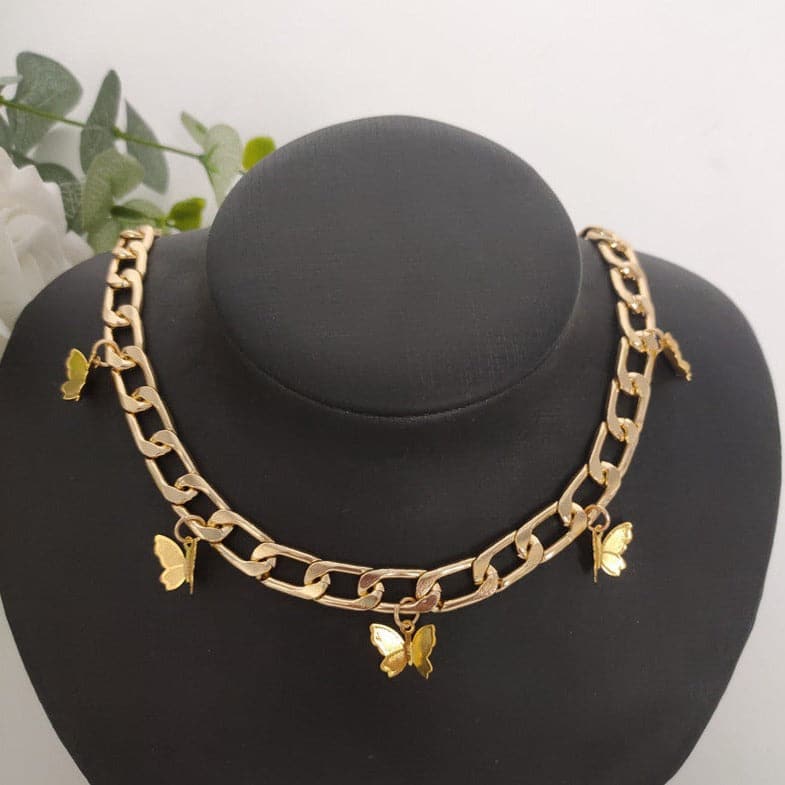 Butterfly pendant metal choker necklace