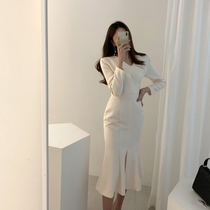 Zipper Splicing Fishtail Pleated Midi Dress