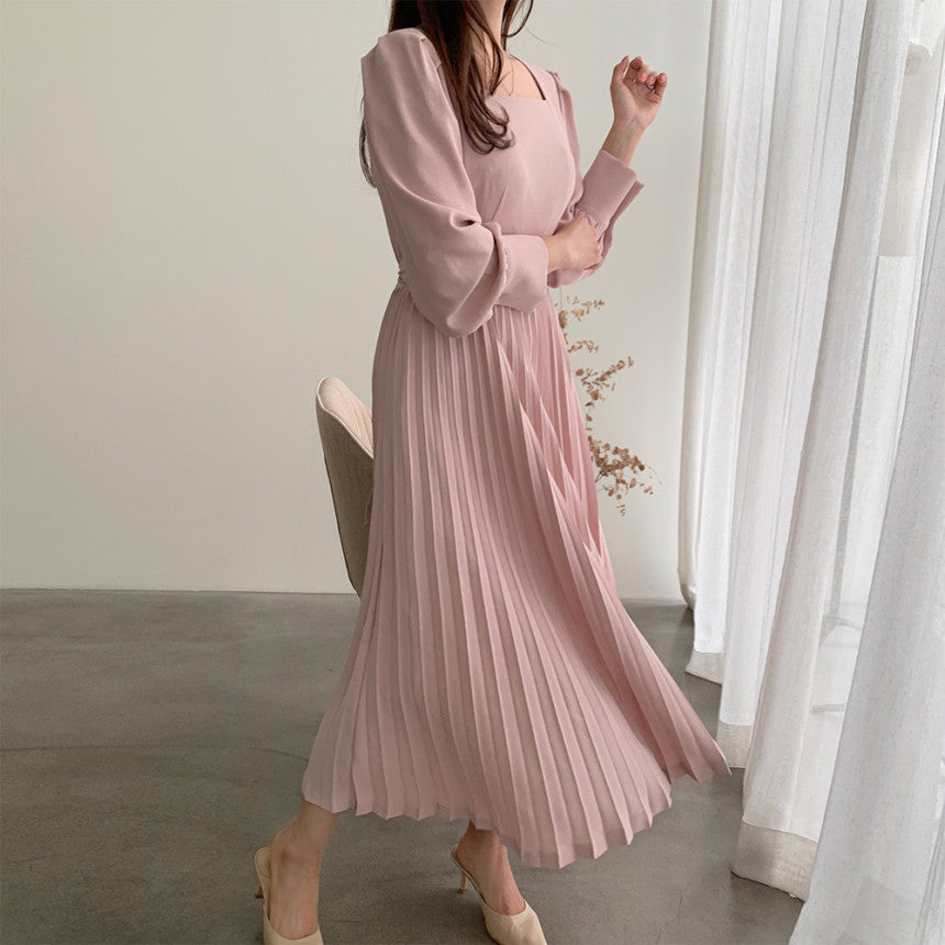 Square Collar Puff Bubble Sleeve Vintage Pleated Midi Dress